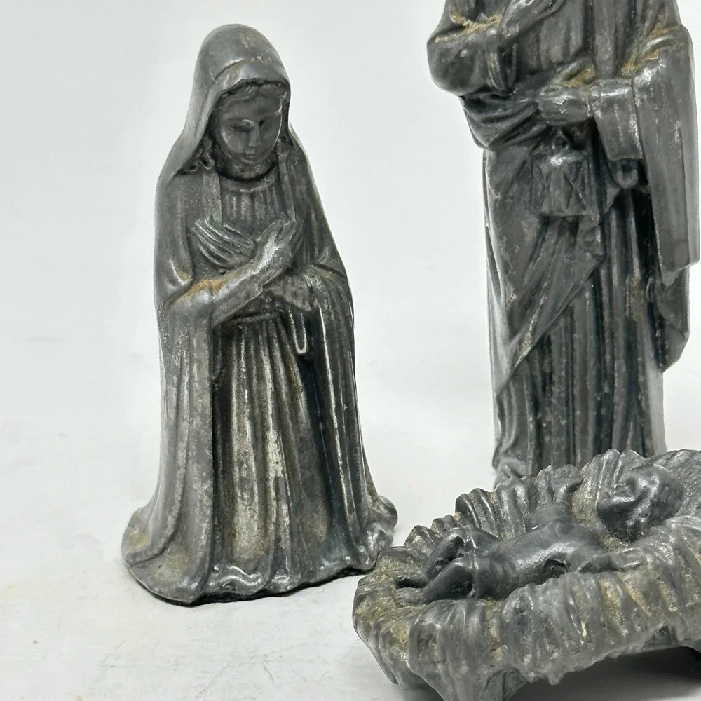 Vintage Pewter Tone Metal Nativity Set 4 Piece Holy Family Angel Figurines